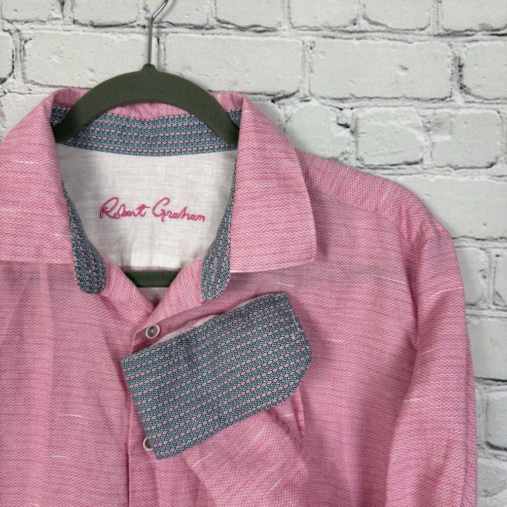 Robert Graham Mens Linen Cotton Pink Button Down Dress Shirt Size XL Long Sleeve
